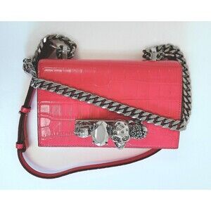 Alexander McQueen Mini Jewelled Satchel Croc Embossed Leather Crossbody Bag Pink